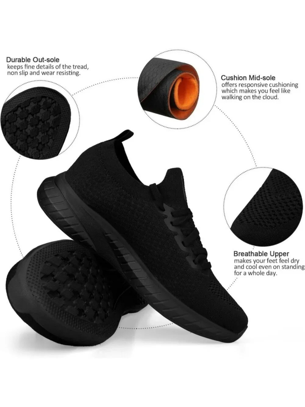 Men's Black Non Slip Breathable Lightweight Athletic Slip on Lace Up Sneaker
